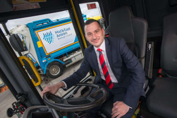 Mid&East Antrim council press pic with deputy Mayor Timothy Gaston - new lorry livery.